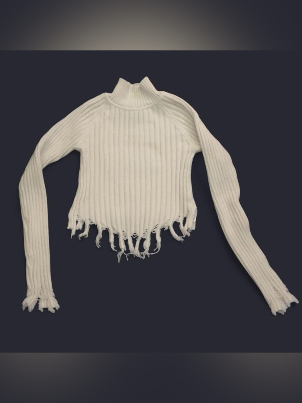White Ribbed Fringe Hem Mock Neck Sweater